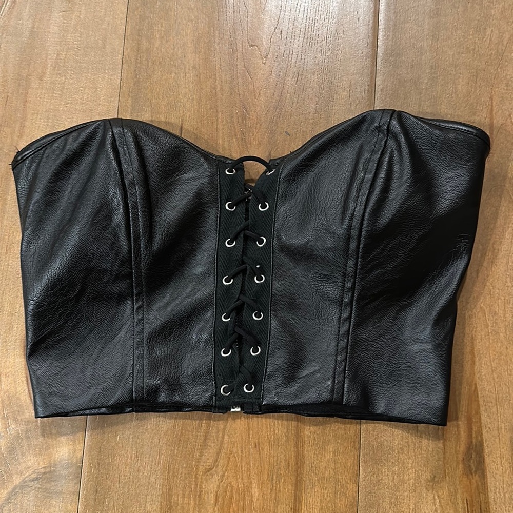 Tiger Mist faux Leather lace up crop top
